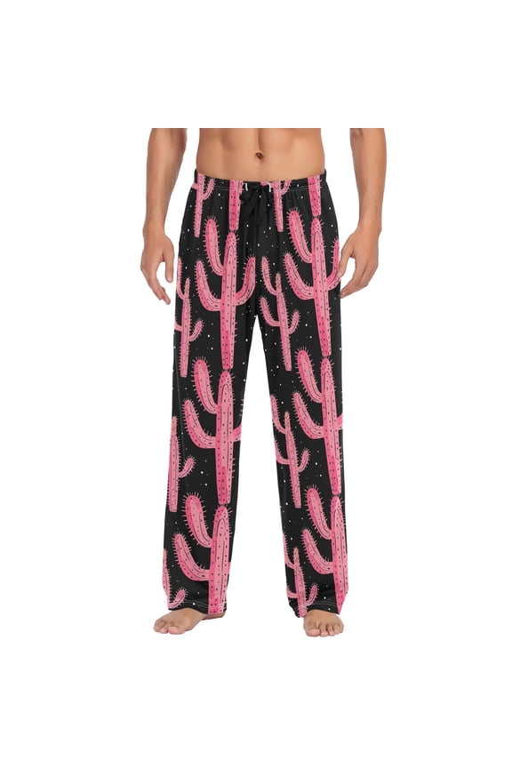 Pink Cactus Cacti Men's Sleepwear Mens Pajama Pants Bottoms with Pockets, M