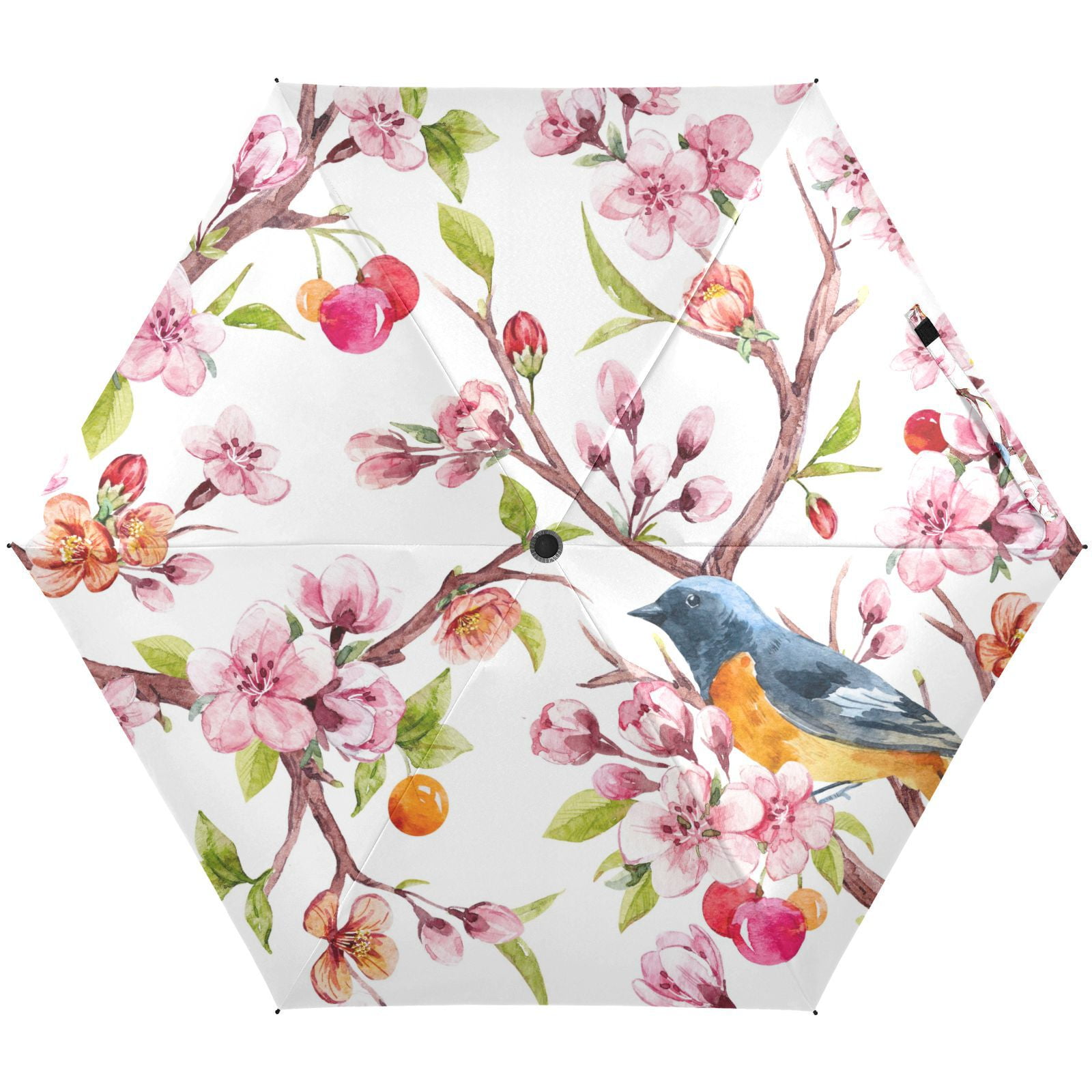 JSTEL Pink Cherry Blossom Bird Floral Folding Umbrella for Rain Sun Travel Mini Lightweight Compact Umbrellas