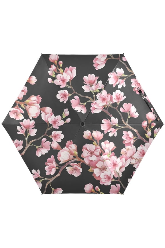 Pink Cherry Blossom Flower Floral Sakura Folding Umbrella for Rain Sun Travel Mini Lightweight Compact Umbrellas