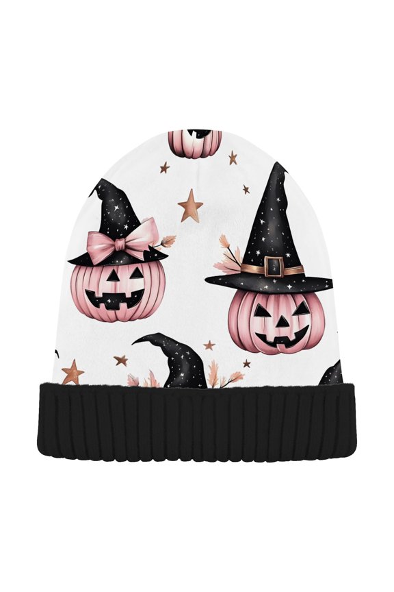 Pink Halloween Pumpkin Beanie for Women Men Winter Hat Reversible Skull Knit Cap