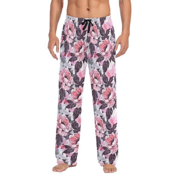 JSTEL Pink Peony Flower Watercolor Men's Sleepwear Mens Pajama Pants Bottoms with Pockets, XXL