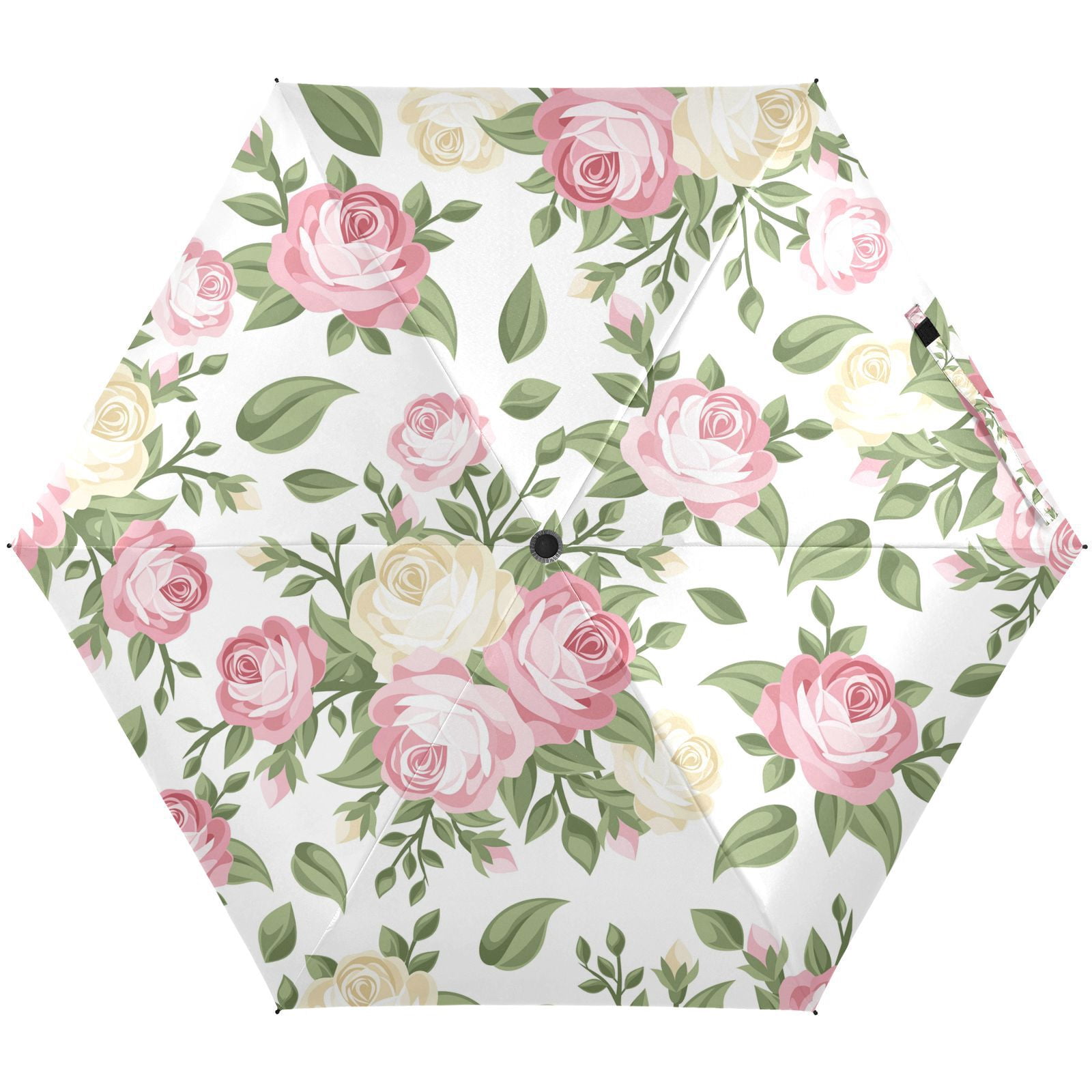 JSTEL Pink & White Rose Flower Floral Folding Umbrella for Rain Sun Travel Mini Lightweight Compact Umbrellas