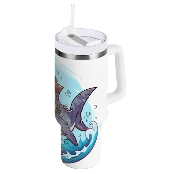 JSTEL Pirate Shark Cartoon 40 oz Tumbler Stainless Steel Water Bottle Vacuum Insulated Cup with Straw Lid & Handle For Travel Car Cup Holder