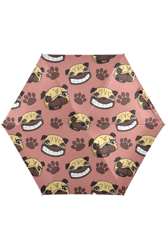 Pug Dog Paw Print Funny Folding Umbrella for Rain Sun Travel Mini Lightweight Compact Umbrellas
