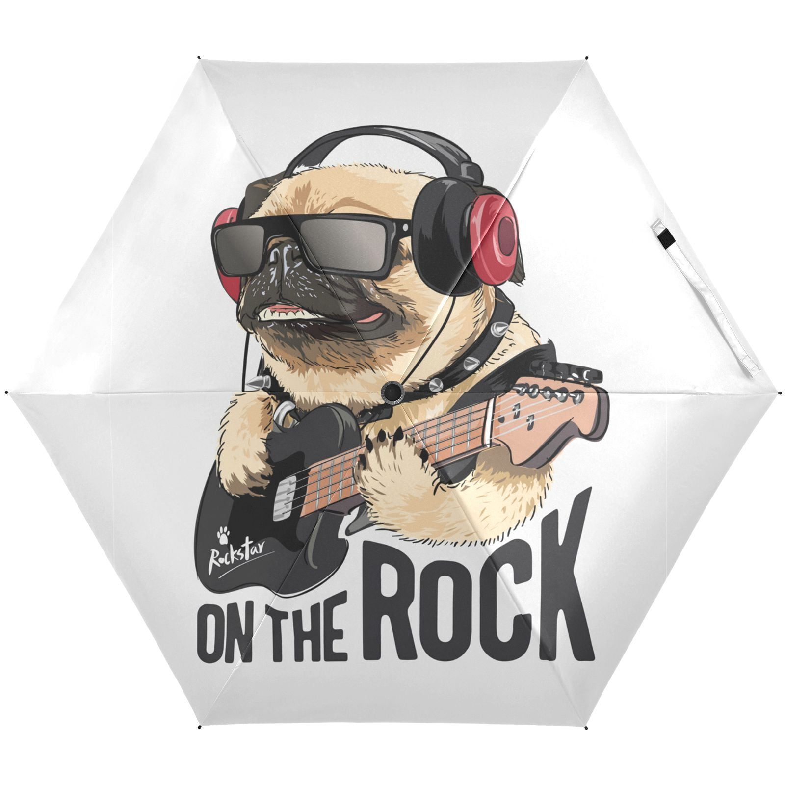 JSTEL Pug Dog Playing Guitar Rock Music Folding Umbrella for Rain