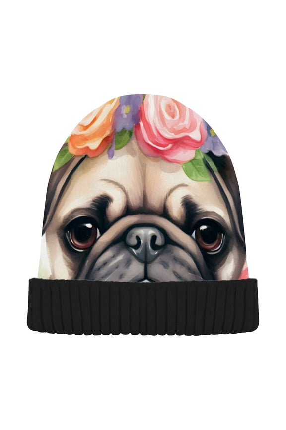 Pug Dog Puppy Beanie for Women Men Winter Hat Reversible Skull Knit Cap