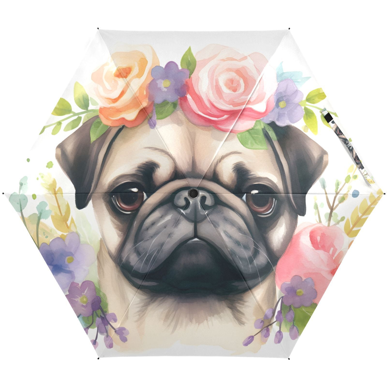 JSTEL Pug Dog Puppy Folding Umbrella for Rain Sun Travel Mini Lightweight Compact Umbrellas