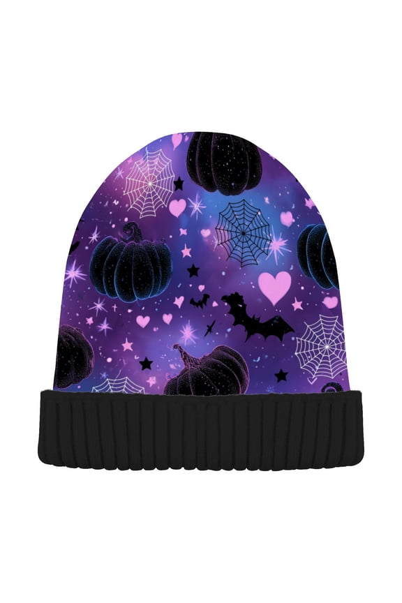 Pumpkin Bat Spider Web Halloween Beanie for Women Men Winter Hat Reversible Skull Knit Cap