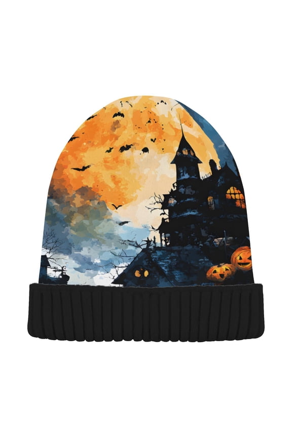 Pumpkin Castle Moon Halloween Beanie for Women Men Winter Hat Reversible Skull Knit Cap