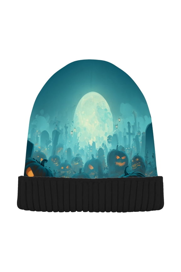 Pumpkin Cemetery Moon Halloween Beanie for Women Men Winter Hat Reversible Skull Knit Cap