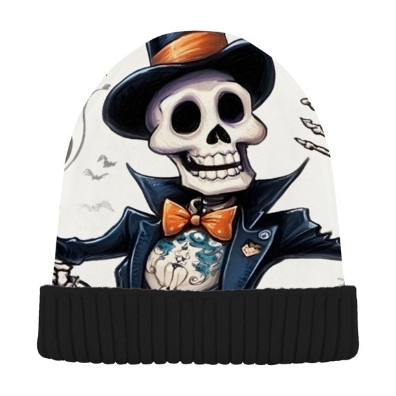 JSTEL Pumpkin Skull Skeleton Halloween Beanie for Women Men Winter Hat Reversible Skull Knit Cap