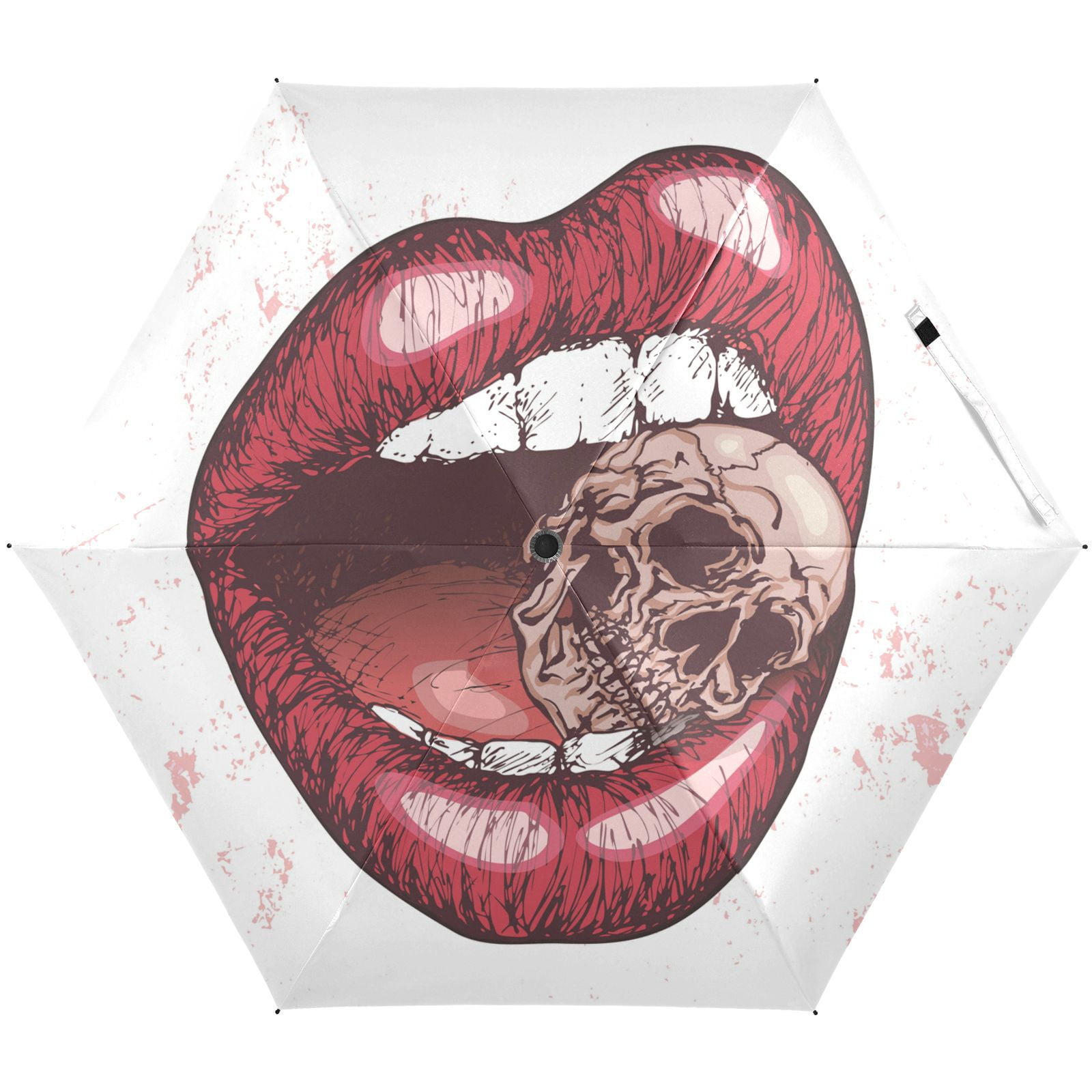 JSTEL Punk Red Lips Biting A Skull Folding Umbrella for Rain Sun Travel