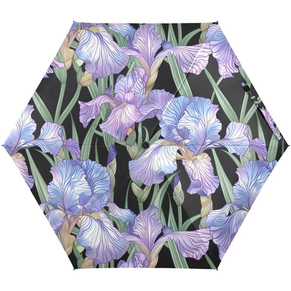 JSTEL Purple Iris Flowers Floral Folding Umbrella for Rain Sun Travel Mini Lightweight Compact Umbrellas