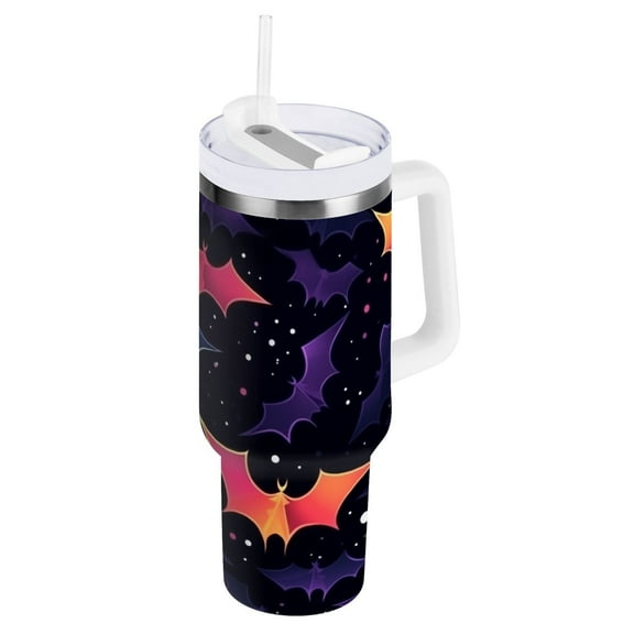 JSTEL Rainbow Bat Halloween 40 oz Tumbler Stainless Steel Water Bottle Vacuum Insulated Cup with Straw Lid & Handle For Travel Car Cup Holder