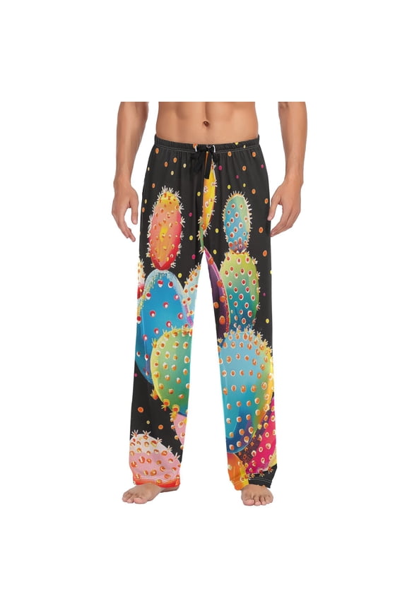 Rainbow Cactus Cacti Polka Dots Men's Sleepwear Mens Pajama Pants Bottoms with Pockets, M