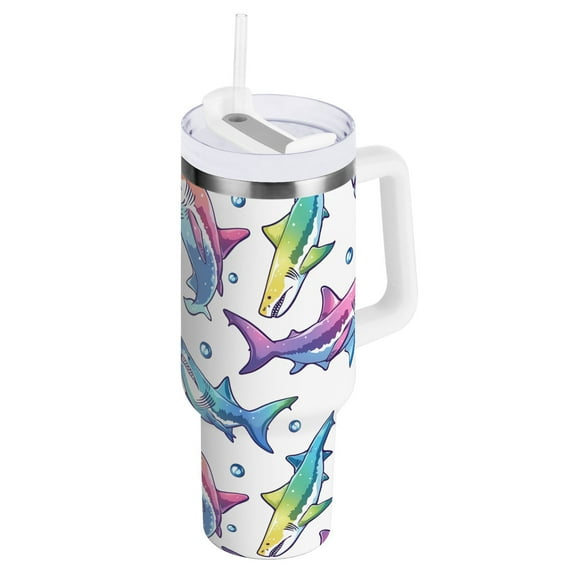JSTEL Rainbow Color Shark Bubble 30 oz Tumbler Stainless Steel Water Bottle Vacuum Insulated Cup with Straw Lid & Handle For Travel Car Cup Holder