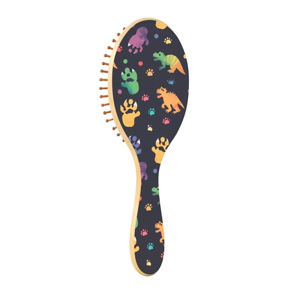 JSTEL Rainbow Dinosaur Dino Foot Print Hair Brush for Women Men Natural Wood Detangler Brushes for All Hair Types Hairbrush for Wet & Dry