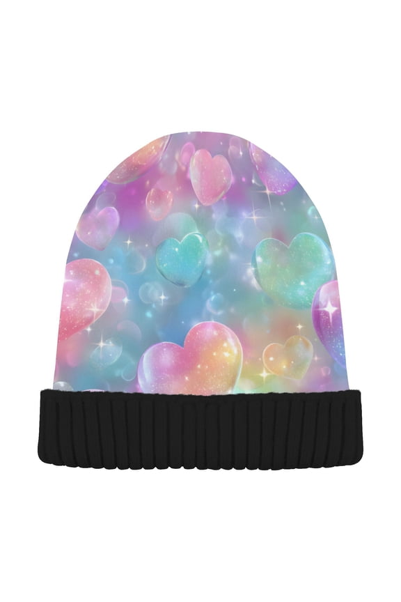 Rainbow Heart Bubbles Unicorn Beanie for Women Men Winter Hat Reversible Skull Knit Cap