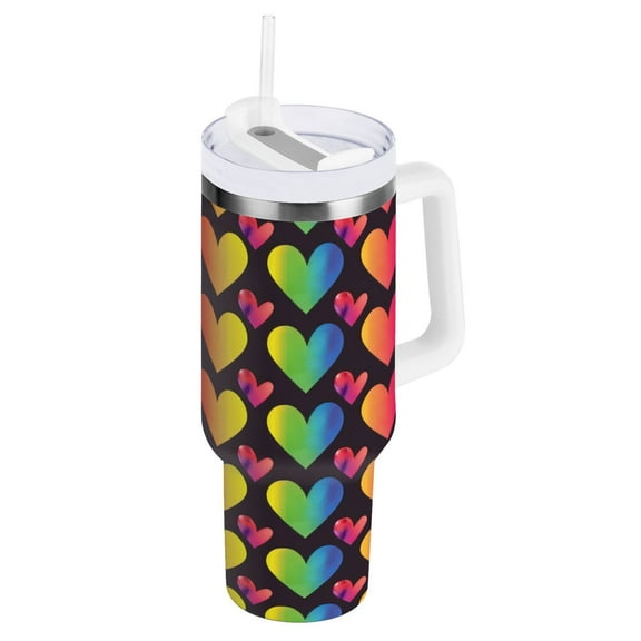 JSTEL Rainbow Hearts Lgbt Pride 30 oz Tumbler Stainless Steel Water Bottle Vacuum Insulated Cup with Straw Lid & Handle For Travel Car Cup Holder
