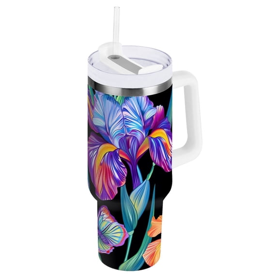 JSTEL Rainbow Iris Flower Butterfly 40 oz Tumbler Stainless Steel Water Bottle Vacuum Insulated Cup with Straw Lid & Handle For Travel Car Cup Holder