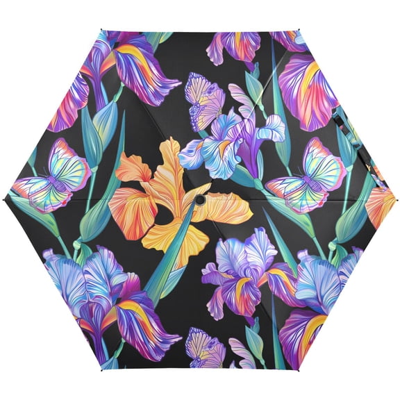 JSTEL Rainbow Iris Flower Butterfly Folding Umbrella for Rain Sun Travel Mini Lightweight Compact Umbrellas