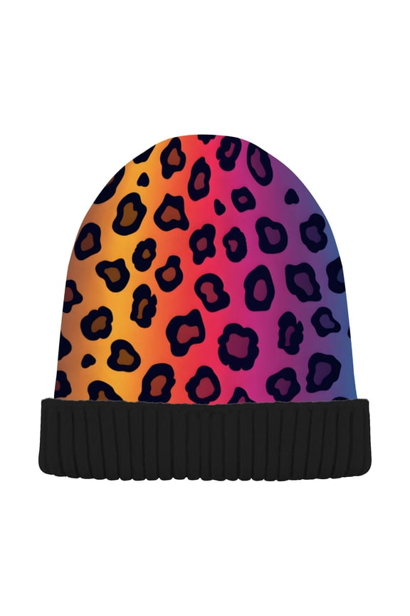 Rainbow Leopard Print Pattern Beanie for Women Men Winter Hat Reversible Skull Knit Cap