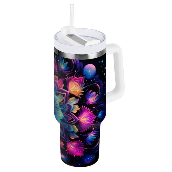 JSTEL Rainbow Mandala Galaxy 40 oz Tumbler Stainless Steel Water Bottle Vacuum Insulated Cup with Straw Lid & Handle For Travel Car Cup Holder