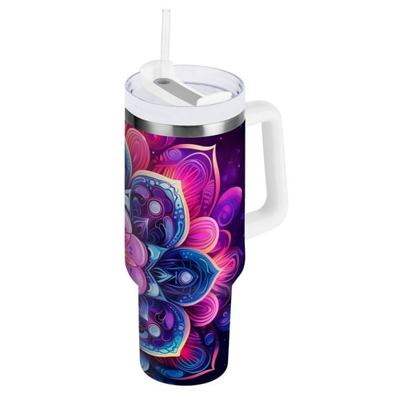 JSTEL Rainbow Mandala Galaxy Nebula 30 oz Tumbler Stainless Steel Water Bottle Vacuum Insulated Cup with Straw Lid & Handle For Travel Car Cup Holder