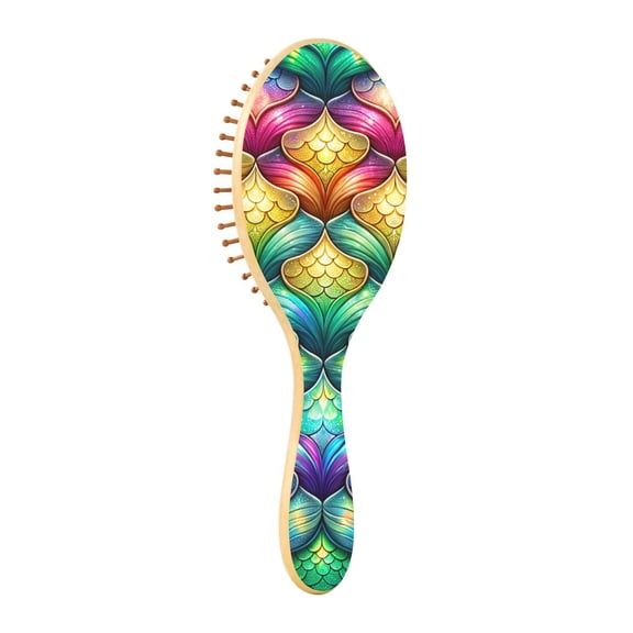 JSTEL Rainbow Mermaid Scale Colorful Hair Brush for Women Men Natural Wood Detangler Brushes for All Hair Types Hairbrush for Wet & Dry