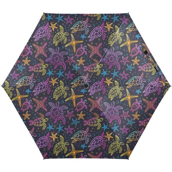 JSTEL Rainbow Sea Turtle Starfish Folding Umbrella for Rain Sun Travel Mini Lightweight Compact Umbrellas