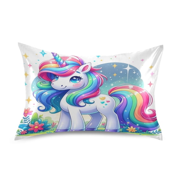 JSTEL Rainbow Unicon Stars Cartoon Satin Pillowcase Standard Size Pillow Cases Envelope Closure Bed Pillow Cover, 20 x 26 inch