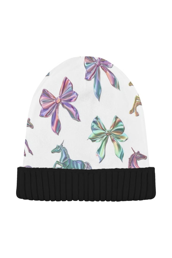 Rainbow Unicorns Bows Beanie for Women Men Winter Hat Reversible Skull Knit Cap