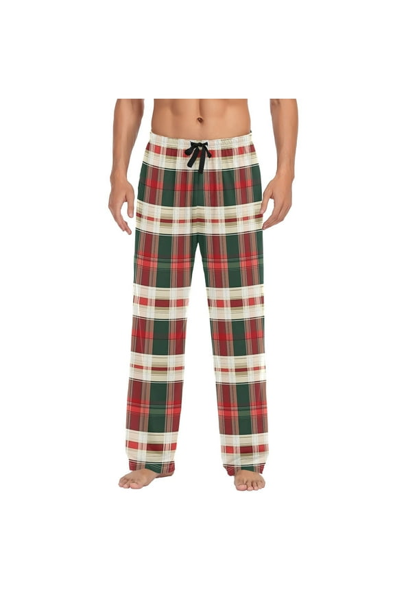 Red Green and White Tartan Plaid Men's Sleepwear Mens Pajama Pants Bottoms with Pockets, XL