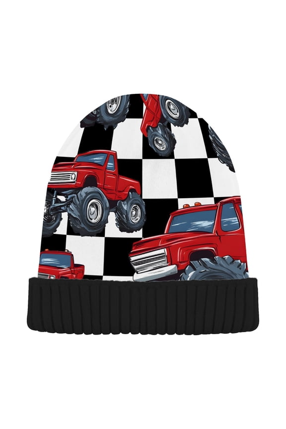 Red Monster Truck Race Checkered Beanie for Women Men Winter Hat Reversible Skull Knit Cap