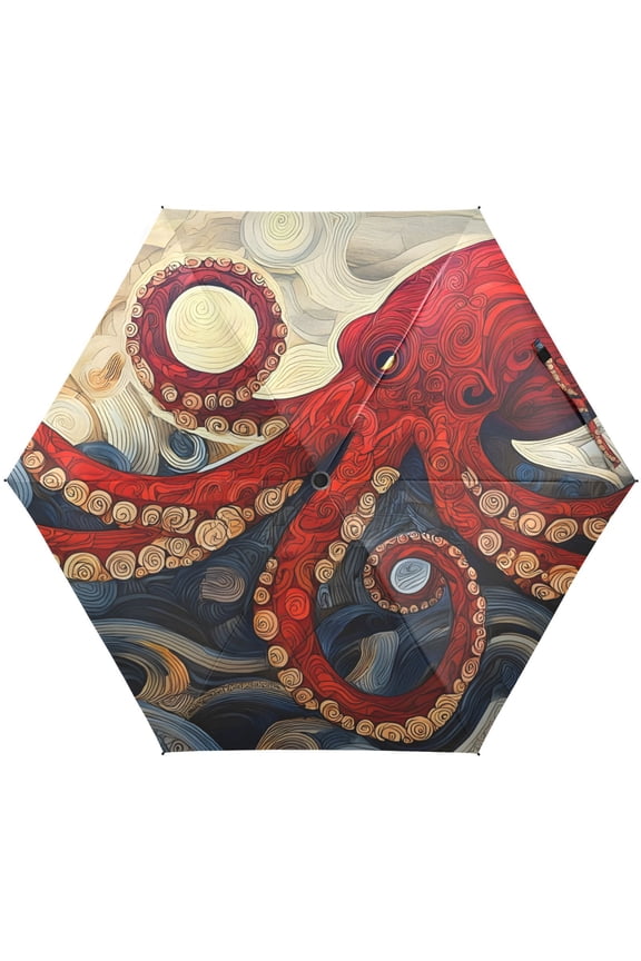 Red Octopus Art Folding Umbrella for Rain Sun Travel Mini Lightweight Compact Umbrellas