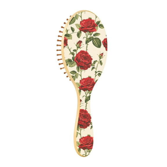 JSTEL Red Rose Flower Hair Brush for Women Men Natural Wood Detangler Brushes for All Hair Types Hairbrush for Wet & Dry