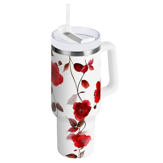 JSTEL Red Rose Flowers Leaves 40 oz Tumbler Stainless Steel Water Bottle Vacuum Insulated Cup with Straw Lid & Handle For Travel Car Cup Holder