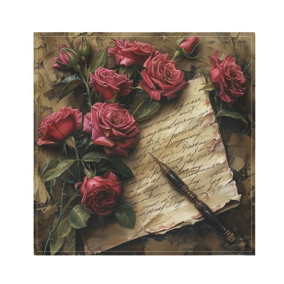 JSTEL Red Rose Pen Letter Cloth Napkins Set of 6, 20x20 Inch Washable and Reusable Napkin for Decoupage Dinner Party Everyday Use