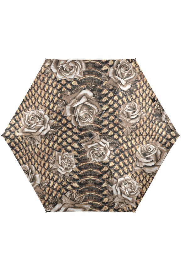 Rose Flower Snake Skin Print Folding Umbrella for Rain Sun Travel Mini Lightweight Compact Umbrellas