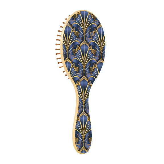 JSTEL Royal Blue & Golden Art Deco Floral Hair Brush for Women Men Natural Wood Detangler Brushes for All Hair Types Hairbrush for Wet & Dry