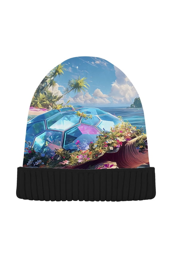 Sea Turtle Beach Palm Beanie for Women Men Winter Hat Reversible Skull Knit Cap