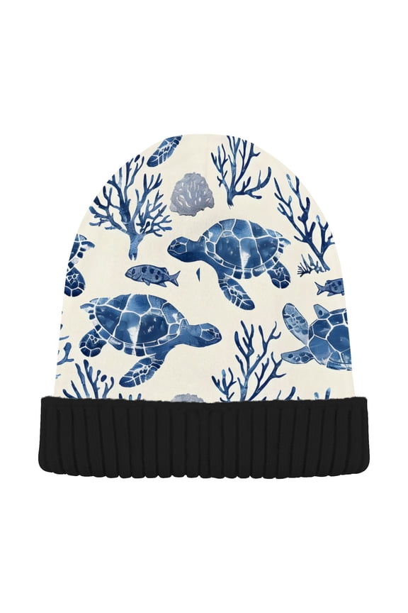 Sea Turtle Coral Pattern Beanie for Women Men Winter Hat Reversible Skull Knit Cap