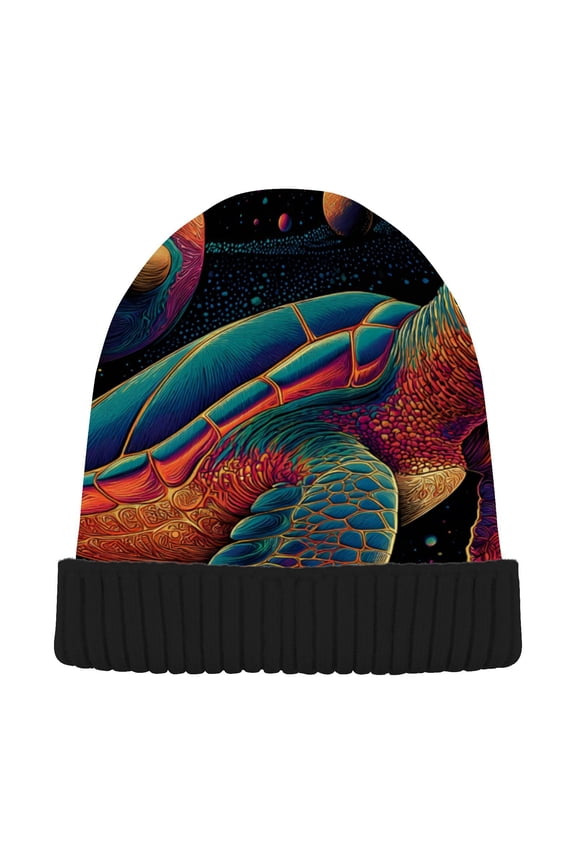 Sea Turtle with Planets Beanie for Women Men Winter Hat Reversible Skull Knit Cap