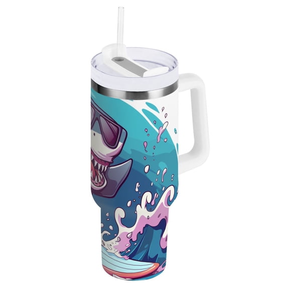 JSTEL Shark Surfing Funny 30 oz Tumbler Stainless Steel Water Bottle Vacuum Insulated Cup with Straw Lid & Handle For Travel Car Cup Holder
