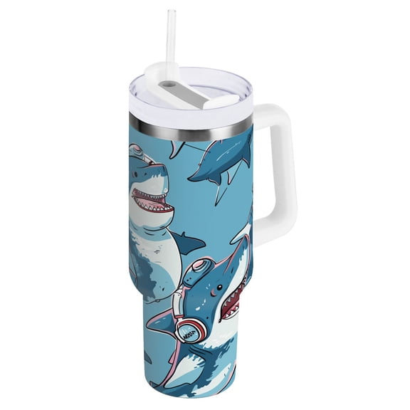 JSTEL Shark with Earphone 40 oz Tumbler Stainless Steel Water Bottle Vacuum Insulated Cup with Straw Lid & Handle For Travel Car Cup Holder