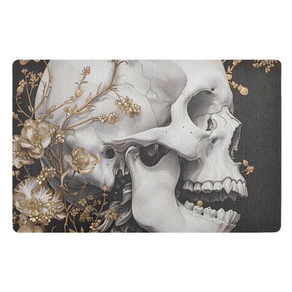JSTEL Skull Gold Cherry Blossom Front Door Mat Outside Entrance 32x20 Inch Doormat for Outdoor Indoor Washable Non Slip Floor Mats