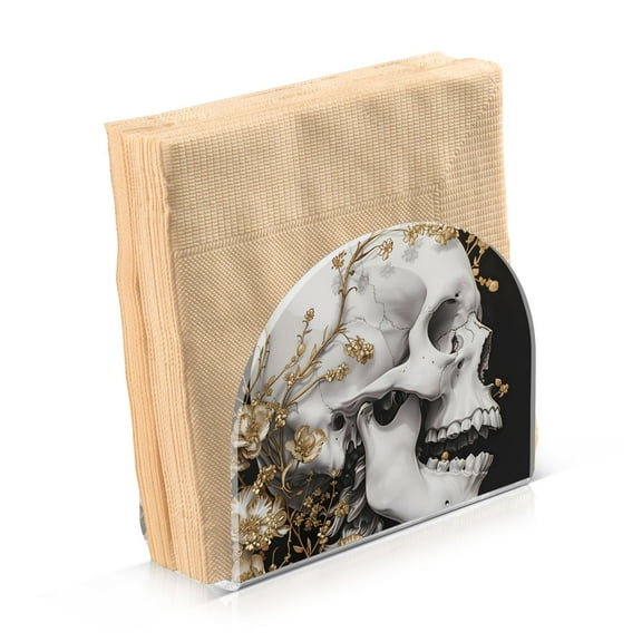 JSTEL Skull Gold Cherry Blossom Napkin Holder for Table Cocktail Farmhouse, Paper Napkins Dispenser for Home Kitchen Coffee Shop Dining Room Decor