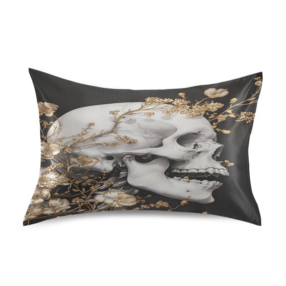 JSTEL Skull Gold Cherry Blossom Satin Pillowcase Standard Size Pillow Cases Envelope Closure Bed Pillow Cover, 20 x 26 inch