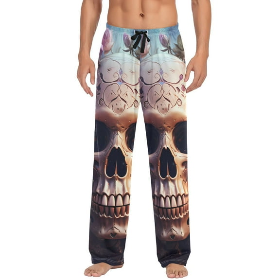 JSTEL Skull Pink Rose Men's Sleepwear Mens Pajama Pants Bottoms with Pockets, XL