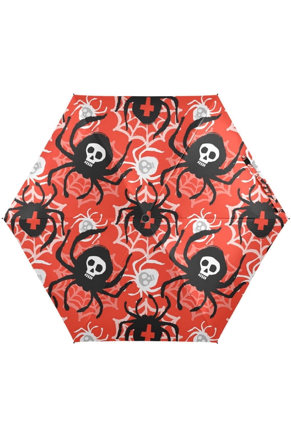 Spider Funky Skull Red Folding Umbrella for Rain Sun Travel Mini Lightweight Compact Umbrellas